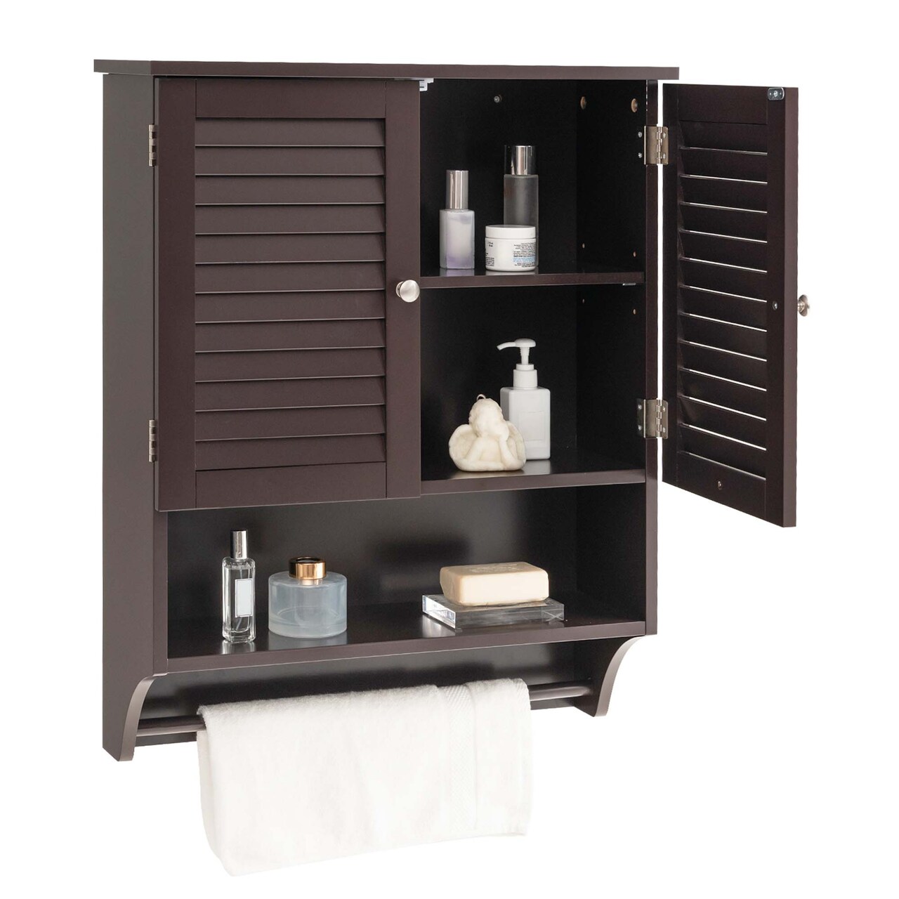 Costway Bathroom Wall Mounted Medicine Cabinet with Louvered Doors & Towel Bar Espresso/Grey/White/Black